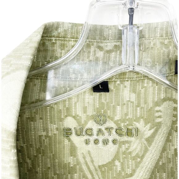 Bugatchi Uomo Green Printed 100% Silk Short Sleeve Button Down Sz L - Picture 3 of 7